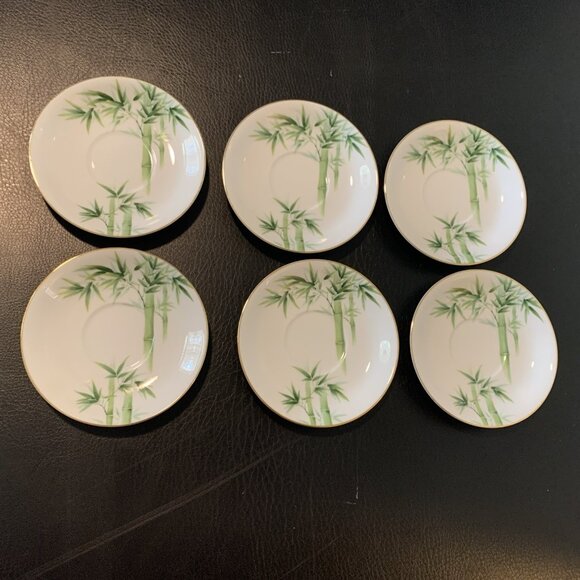 6 Noritake Toki Kaisha Footed Cup and Saucer Sets Green Bamboo Pattern 1960s Vtg - Picture 7 of 12
